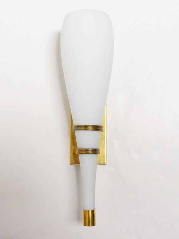Set of Four Italian White Frosted Murano Glass Torch Sconces & Brass. 1960's.