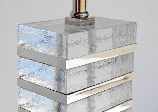 Pair of Italian Clear Murano Glass Blocks Table Lamps with Chrome Details, 1990s