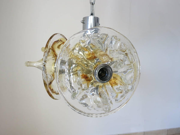 Vintage Italian Pendant w/ Infused Clear & Amber Murano Glass by Mazzega, c. 1960's