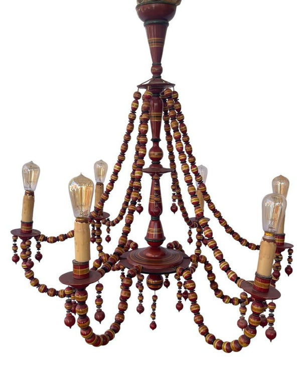 1950's Turkish Hand-Carved Wooden 6-Arm Chandelier Beaded & Hand-Painted