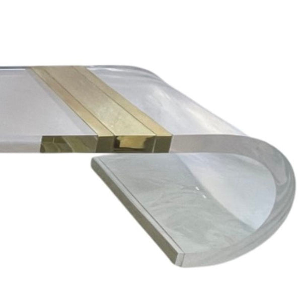 Massive Scroll Acrylic Coffee Table w Curved Legs & Brass Details. U.S.A. 1980's