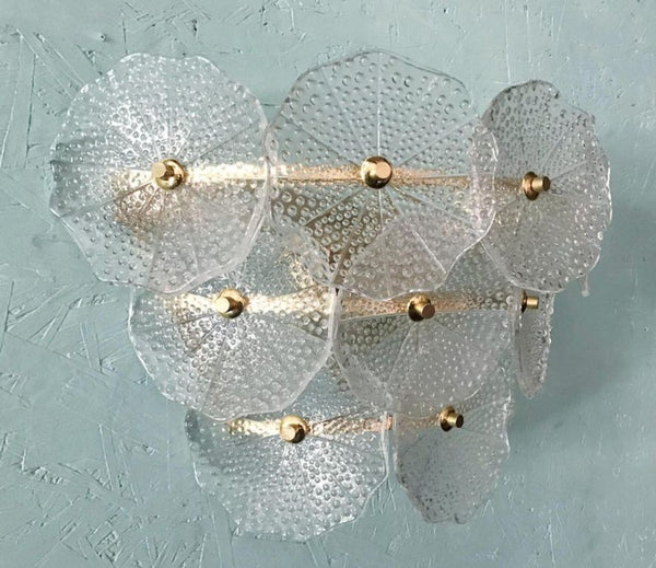 Pair of Clear Round Petal Murano Glass & Polished Brass Sconces, Italy, 1980's.