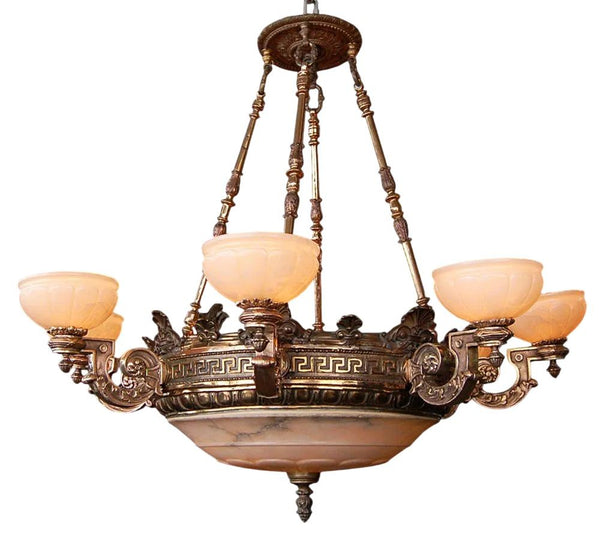 19th C. American Victorian Bronze Eight-Arm Justice Chandelier Alabaster Shades