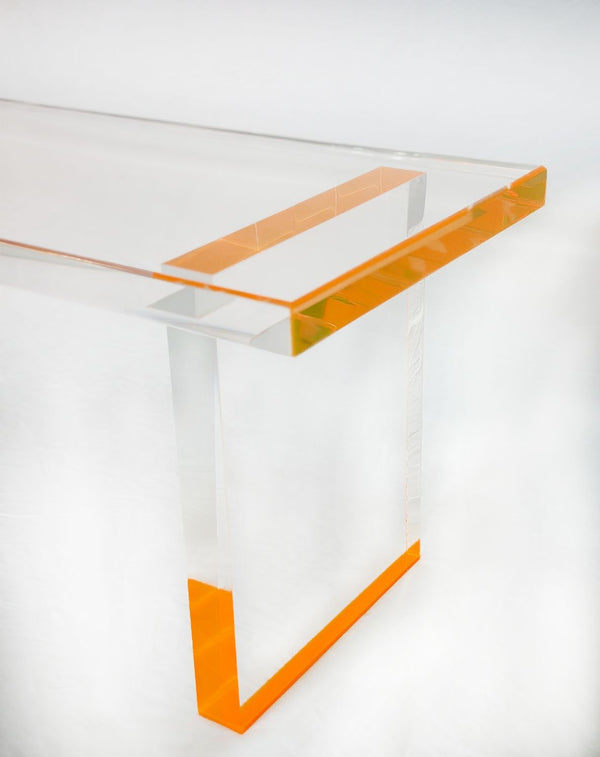 Pair of Modern Lucite Bench w/ Fluorescent Orange Details by Pegaso Gallery