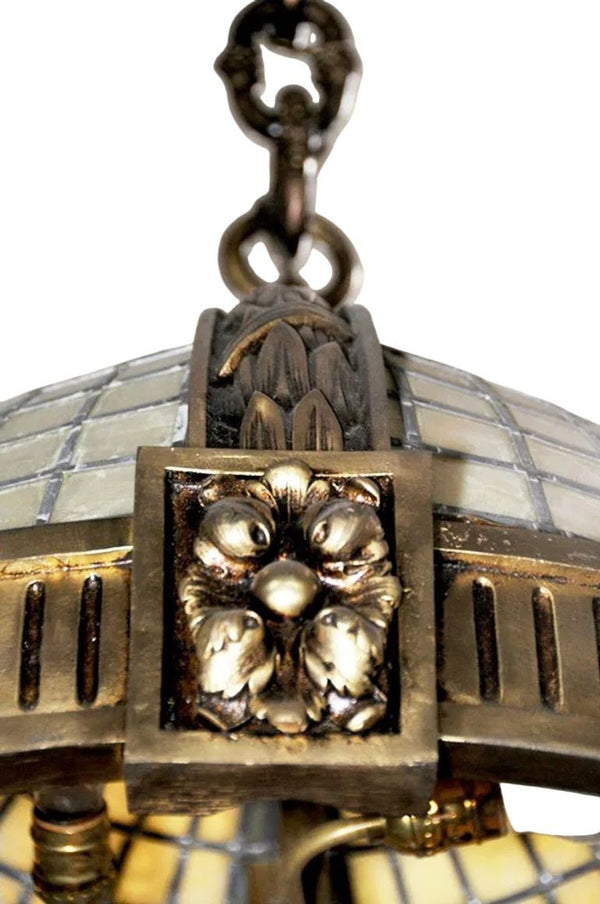 Six Late 19th C. Oversized French Bronze Pendants w/ Stained Glass & Amber Trim