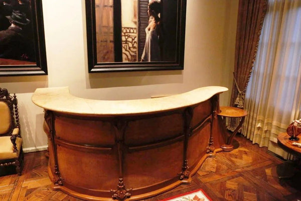 Art Nouveau Walnut & Burl Reception Desk with Stone Top, U.S.A. 1920's.