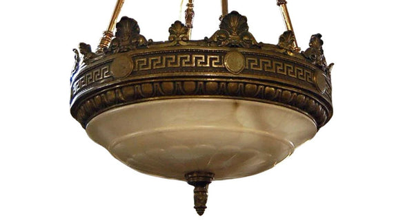 Pair of Justice Chandelier – Early 20th C. Beaux-Arts Bronze & Alabaster Fixture