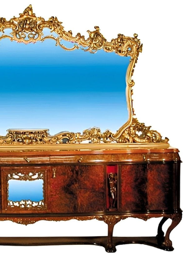 Rococo Sideboard with Gilded Mirror and Carved Figures. Italy, 1920's.