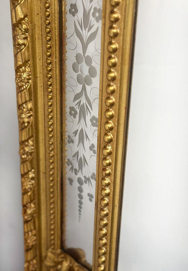 French Louis XV Style Hand-Carved Gilt Mirror w/ Etched Glass, Late 19th Century