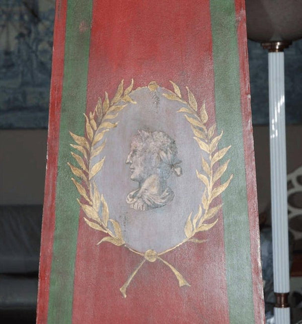 Large Pair of Vintage Tole Obelisks in Red, Green & Gold. Italy, 20th Century.