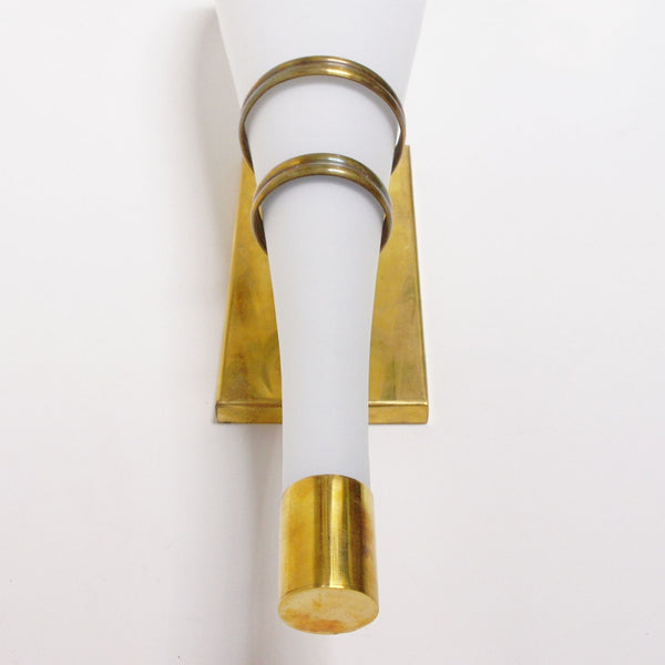 Set of Four Italian White Frosted Murano Glass Torch Sconces & Brass. 1960's.