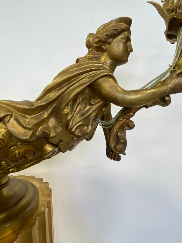 Italian 19th Century Wood Pedestal with Bronze Candelabra of Cherubs and Wyvern