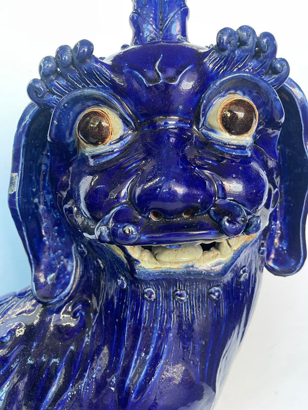 19thC. Oversized Chinese Cobalt Blue Glazed Earthenware Models of Mythical Beast