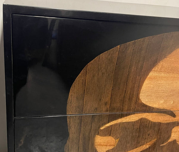 Pair of Early 21st C. Black Commodes with Inlaid Skull Design and Resin Finish