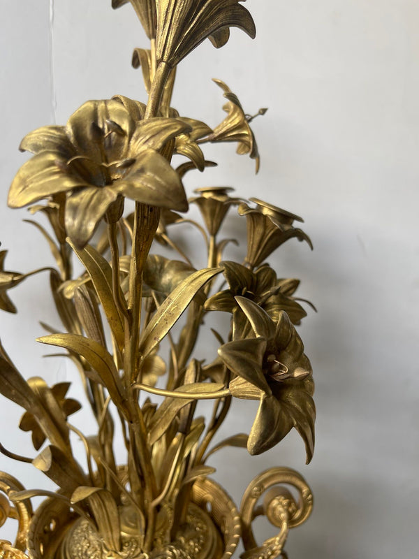 Pair 19th C. French Bronze Candelabra Carved Blue Stone with Gilt Floral Bouquet