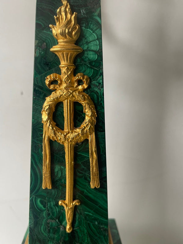 Pair of Early 20th C. French Malachite Candelabras with Gilt Bronze Details.