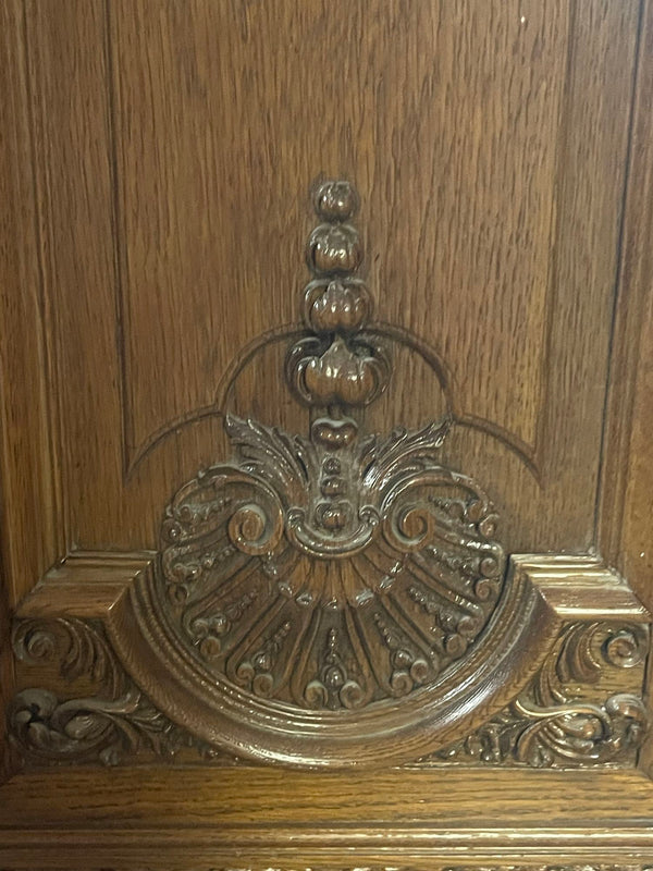 Mid-19th c. French Oak Hall Tree with Mirror & Elegantly Hand Carved Details