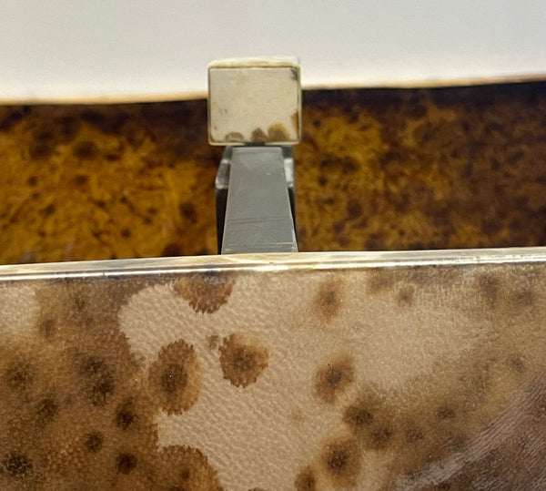 Pair of Brutalist Table Lamps with Tortoise Brass Base and Parchment Tan Shades.