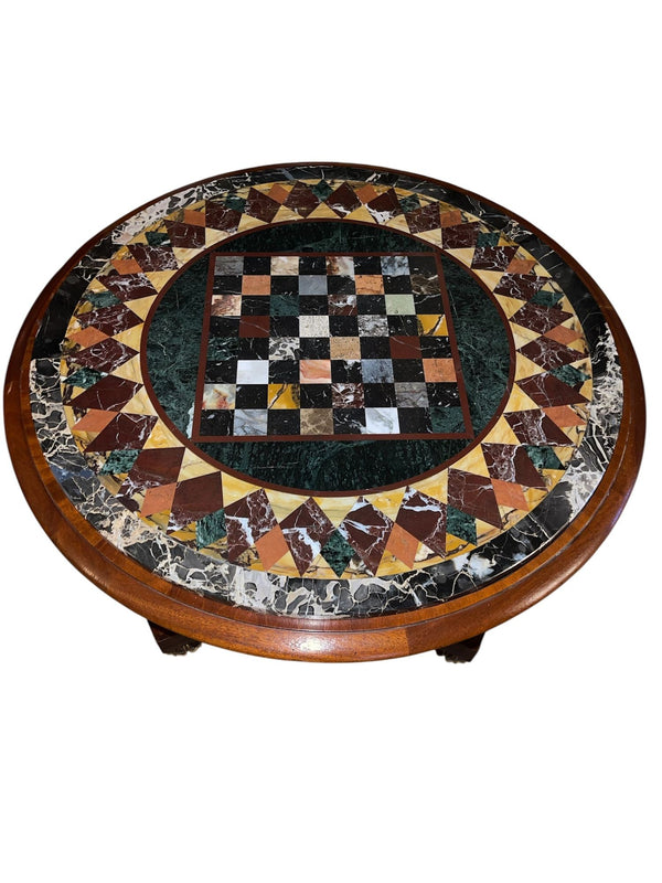 Pair Italian Early 20th C. Pietra Dura Chess Tables with Mahogany and Gilt Bases