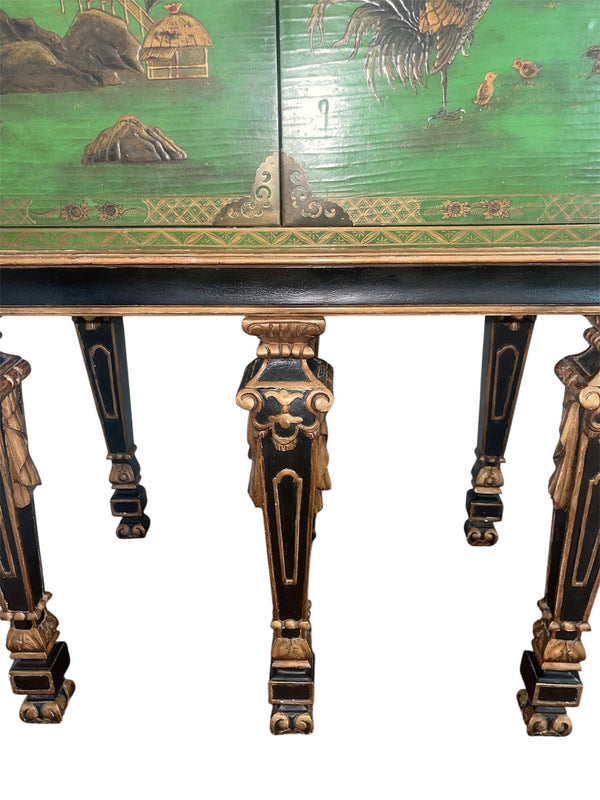 Italian Baroque‑Style Green Chinoiserie Lacquer Bar Cabinet. 20th Century.