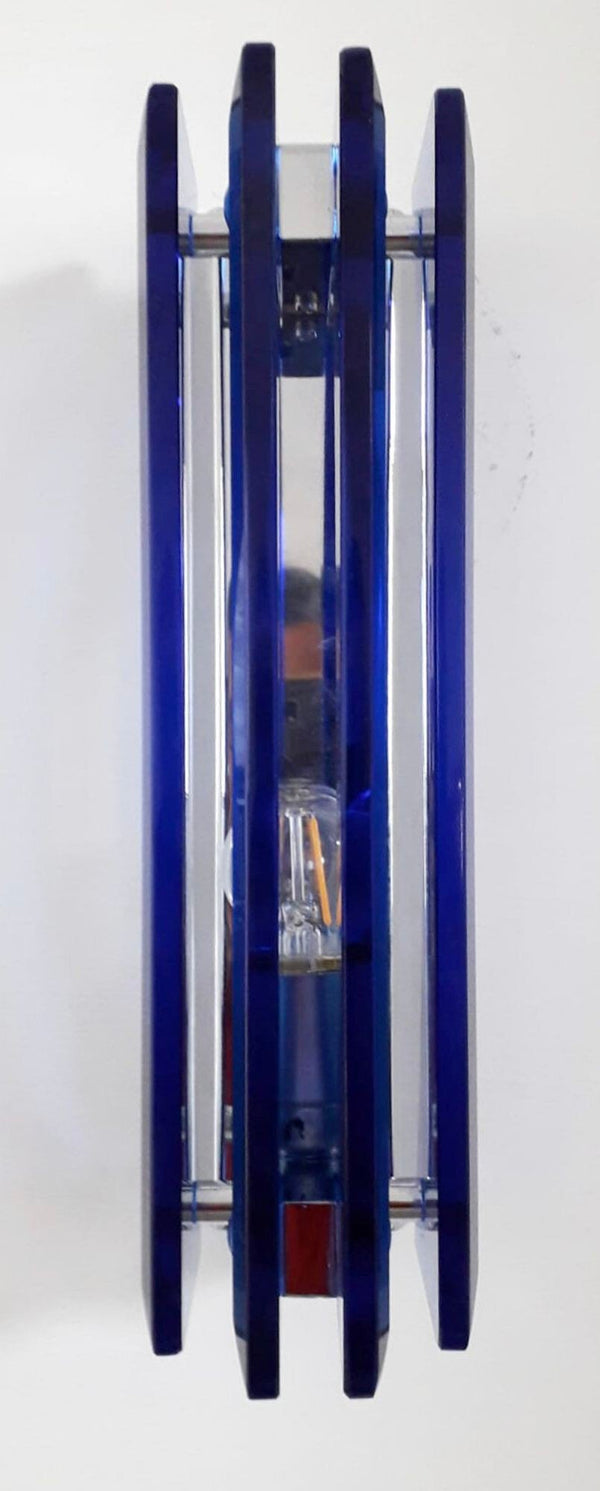 Set of Ten Sconces w/ Beveled Cobalt Blue Glass Designed by Veca. Italy, 1960's.