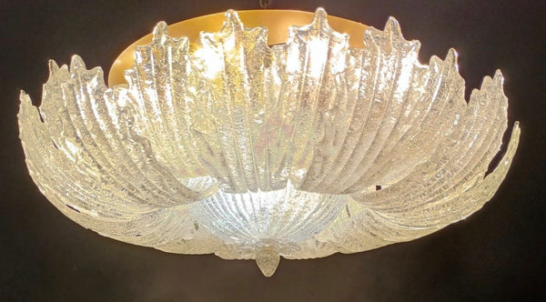Vintage Flush Mount with Clear Graniglia Murano Glass Leaves. Italy, 1960's.