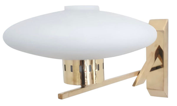 Set of Four Mid-Century Opaline Disk Glass Sconces on Brass Frame. Italy, 1960's