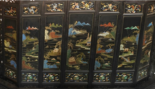 Chinese Seven-Panel Inlaid Zitan Screen Qing Dynasty/Republic Period Late 19th C