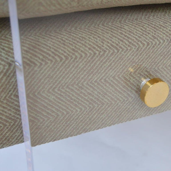 Pair of Lucite Armchairs with Brass Hardware and New Upholstery. U.S.A. 1980's.