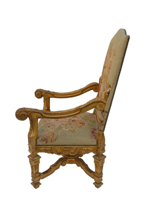 Pair of Large Late 19th Century French Neoclassical Gilded Walnut Armchairs