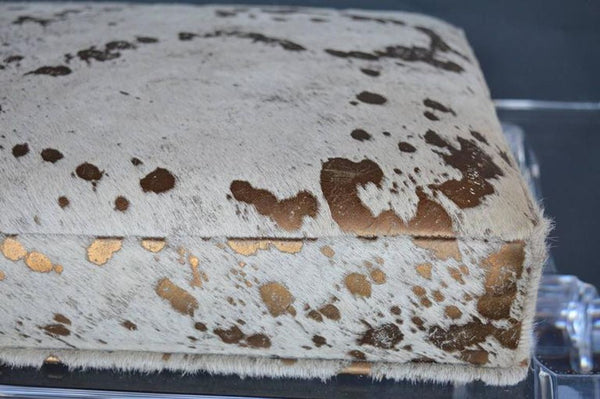 Lucite Bench with Gold Splatter Cowhide Upholstery, U.S.A. 1980's.
