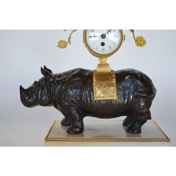 Late 19th C. French Gilt Bronze & Patinated Rhino Clock on Marble Base