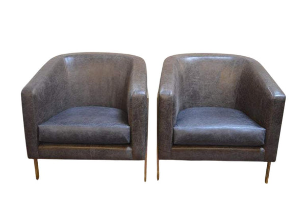 Pair of Distressed Leather Armchairs w/ Brass Frames. Style of Milo Baughman.