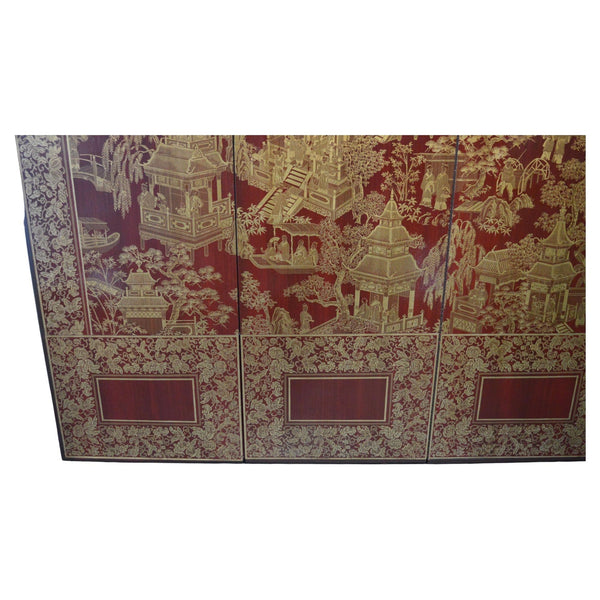 Robert Crowder Four-Panel Chinoiserie Screen with Gold Leaf on Red Background.