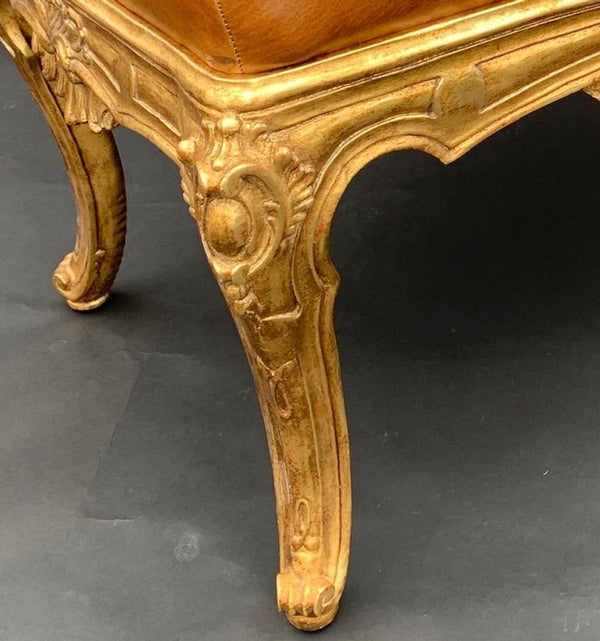 Pair of Italian Gilt-Wood Benches with Brown Leather Upholstery, 20th Century.