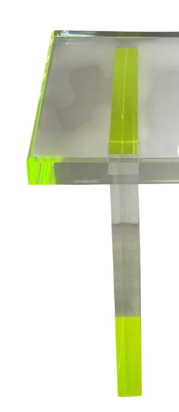 Pair Modern Lucite Benches by Pegaso Gallery Design, Fluorescent Green Details.