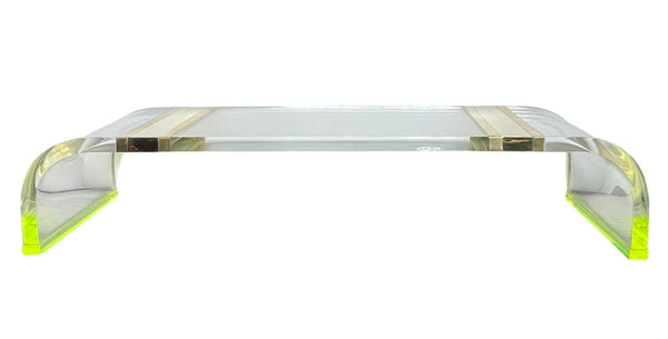 Long Acrylic Coffee Table w/ Brass & Fluorescent Green Details, U.S.A 1980's.