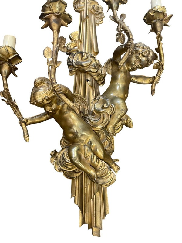 Pair of French Gilt Bronze Figural Four-Light Sconces, Late 19th Century.