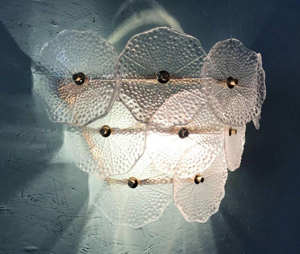 Pair of Clear Round Petal Murano Glass & Polished Brass Sconces, Italy, 1980's.