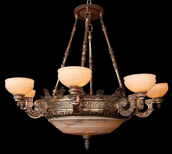 19th C. American Victorian Bronze Eight-Arm Justice Chandelier Alabaster Shades