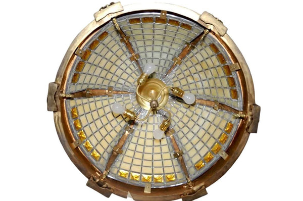 Six Late 19th C. Oversized French Bronze Pendants w/ Stained Glass & Amber Trim