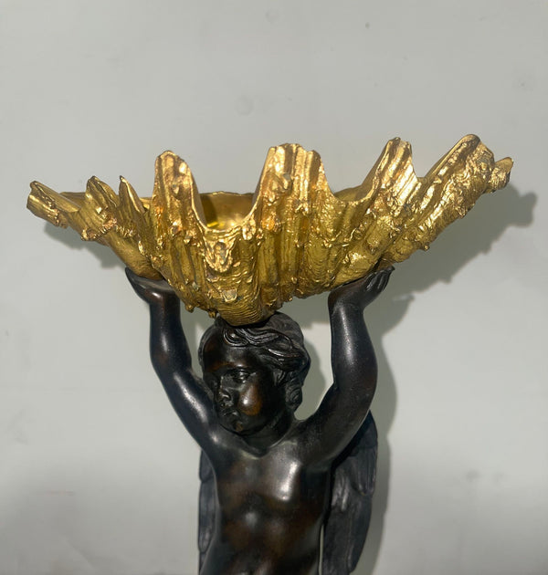Pair of 19th C. Gilt Bronze Garnitures with Shell-Form Bowls Supported by Angels