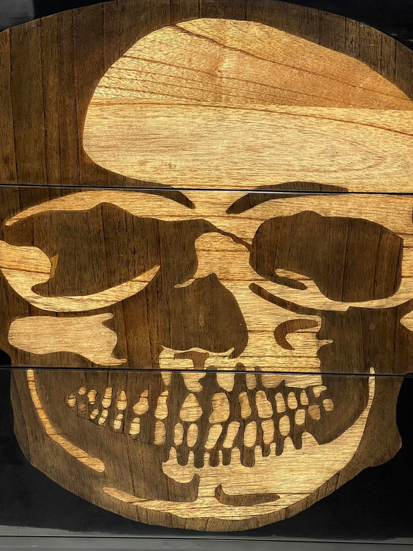 Pair of Early 21st C. Black Commodes with Inlaid Skull Design and Resin Finish