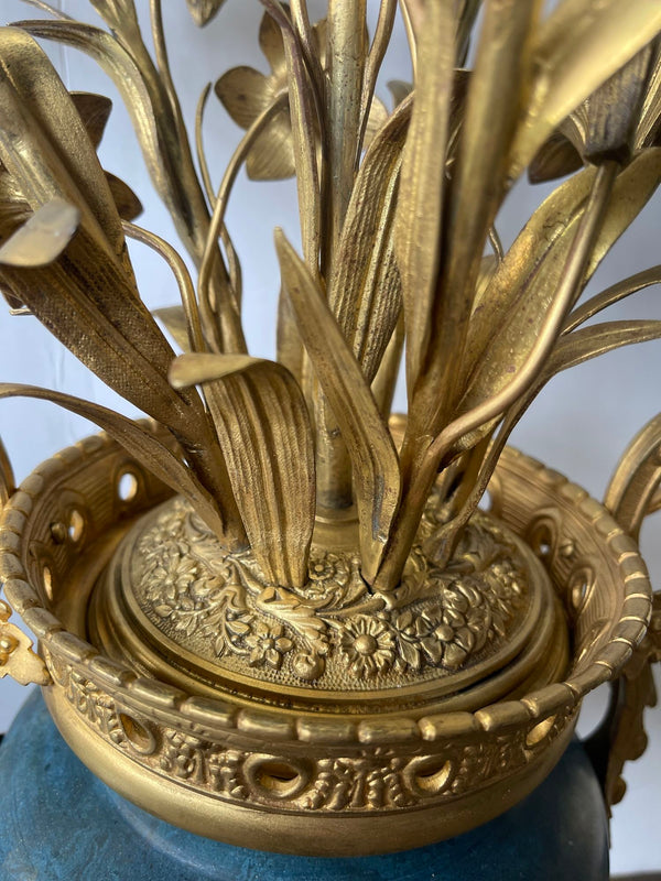 Pair 19th C. French Bronze Candelabra Carved Blue Stone with Gilt Floral Bouquet