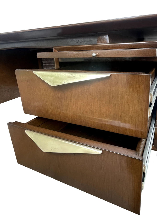 MCM Executive Walnut Desk with Brass & Cane Details. Denmark, 1960's.