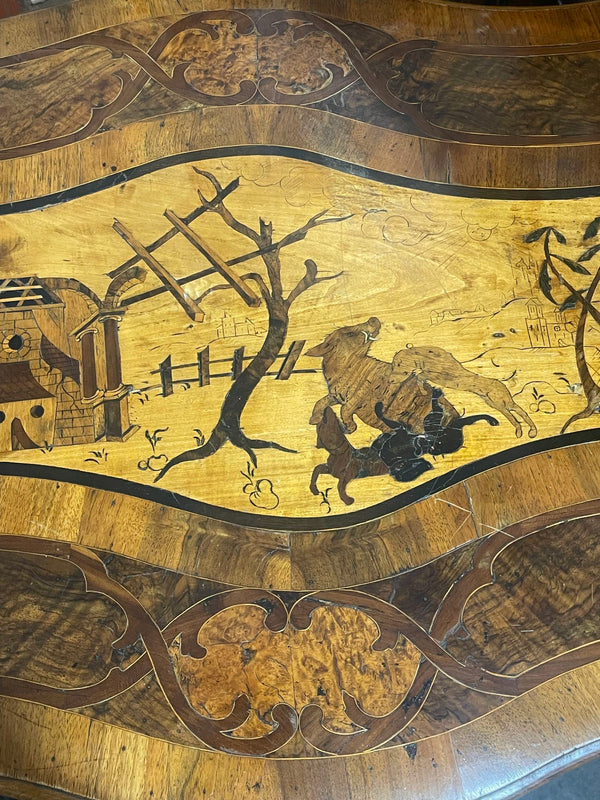 Late 18th Century Italian Marquetry Table with Hunting Scene Inlay