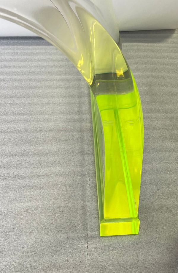 Long Acrylic Coffee Table w/ Brass & Fluorescent Green Details, U.S.A 1980's.