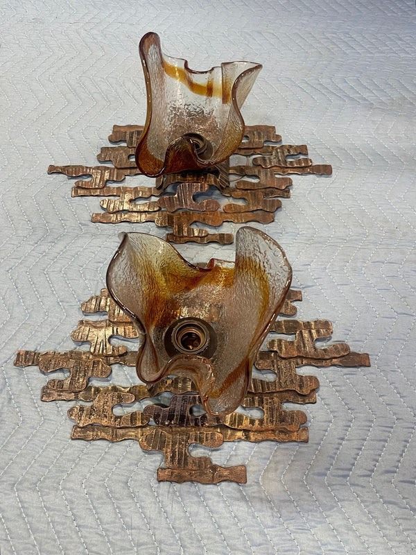 Pair of Murano Glass Sconces by Mazzega on Brutalist Metal Frames. Italy, 1970's