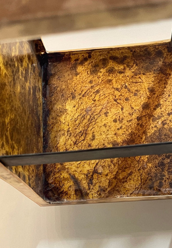 Pair of Brutalist Table Lamps with Tortoise Brass Base and Parchment Tan Shades.