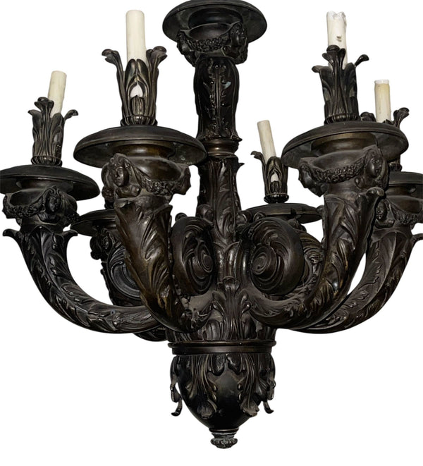 Pair of Monumental French Neoclassical Bronze Chandeliers, Late 19th Century.
